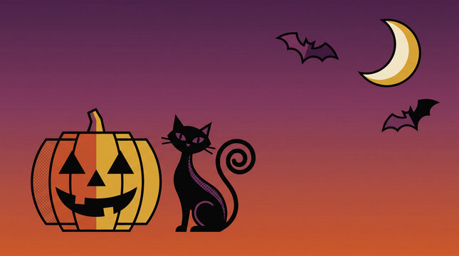 Retro Geometric Halloween Background with Jack-o'-Lantern, Black Cat, Bats, and Crescent Moon