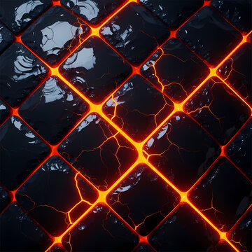 Abstract background of dark glossy tiles with glowing orange magma cracks.