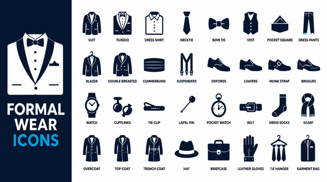Formal Wear Icon Set Featuring Tuxedos Suits and Accessories.