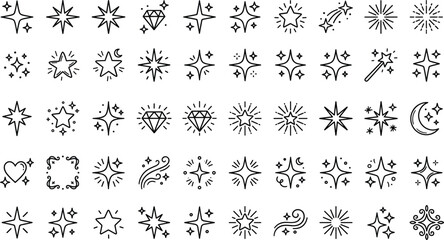 Sparkle and stars line icons set featuring sparkling twinkles diamonds magic wands fireworks burst and celestial decoration elements vector © Habiba