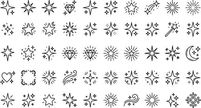 Sparkle and stars line icons set featuring sparkling twinkles diamonds magic wands fireworks burst and celestial decoration elements vector
