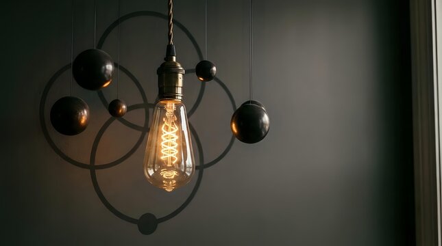 Vintage-style pendant lighting fixture with Edison bulb and black metal spheres suspended from curved arms, suitable for interior design and home decor projects.