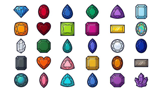 Set of various colorful gemstones and precious jewel shapes for design elements