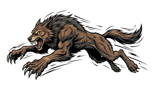Aggressive wolf or werewolf mascot jumping with sharp claws and bared teeth on a white background