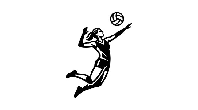 Stylized Black and White Silhouette of a Female Volleyball Player Spiking the Ball