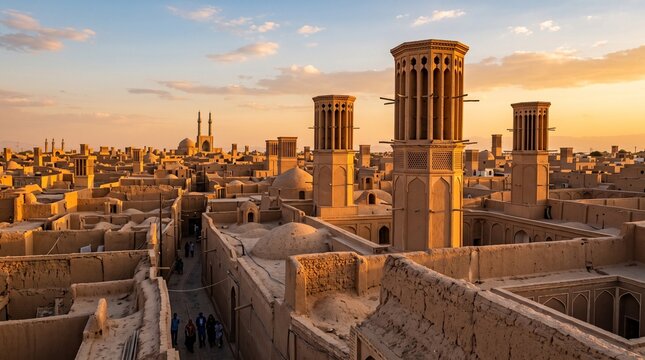 Ancient mud brick architecture and wind catchers in historic yazd, iran