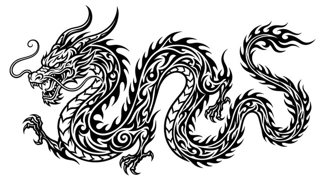 Traditional style Asian dragon illustration in black and white tribal tattoo design
