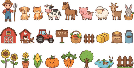 Cute Cartoon Backyard Farm and Woodland Animals Graphic Icon Elements Collection Set © Sumaiya Akter Sweety