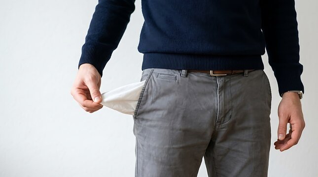 Man Showing Empty Pocket Representing Wasting Money and Poverty