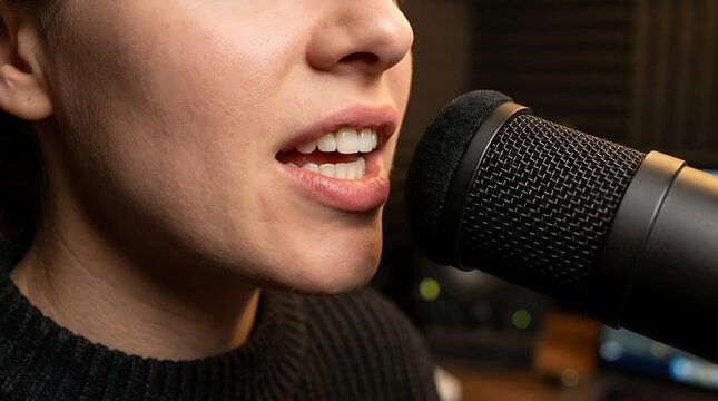 Close-up of a person's mouth speaking into a studio microphone, recording a podcast or radio broadcast in a professional setting.