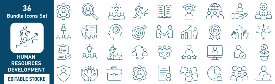 Human Resources Development Vector Outline Icons Set &ndash; HR Management, Employee Training and Workforce Growth Line Symbols Collection