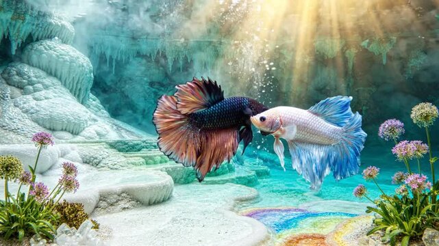 Two Beautiful Betta Fish Swimming Together in a Magical Underwater Crystal Cave Landscape Setting