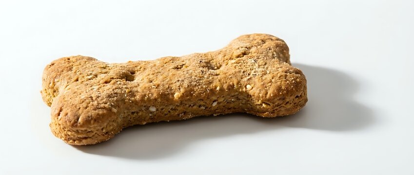 Dog treat bone-shaped biscuit with textured golden-brown surface on white background, suitable for pet food packaging and veterinary marketing materials.