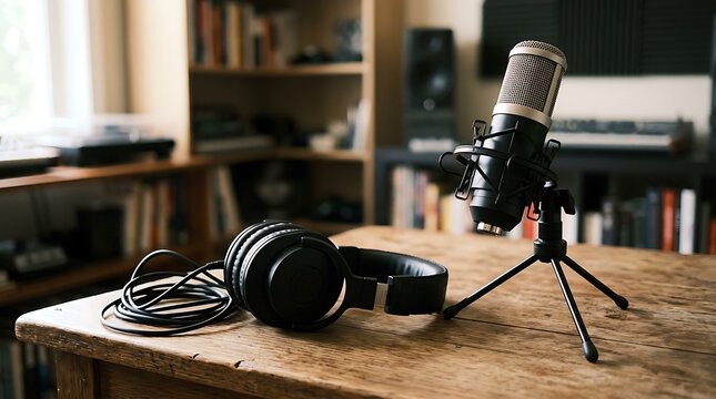 Professional condenser microphone and headphones for podcast recording setup
