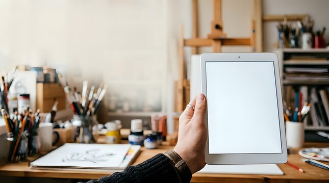 Artist holding tablet with blank screen in creative studio workspace surrounded by art supplies and wooden shelves for design mockups.