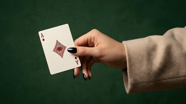Hand elegantly holding a playing card against a dark background