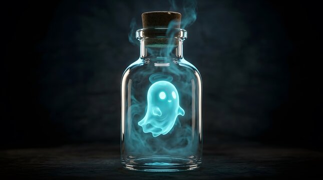 Glowing magical ghost or potion trapped inside a glass jar