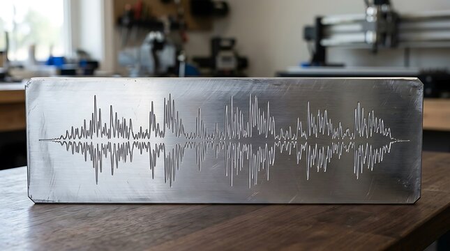 Sound wave frequency pattern engraved on a metal plate in a workshop.