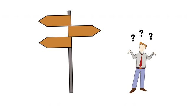 Confused businessman standing by wooden signpost choosing a path