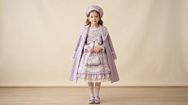 Little girl in a vintage dress holding a small basket