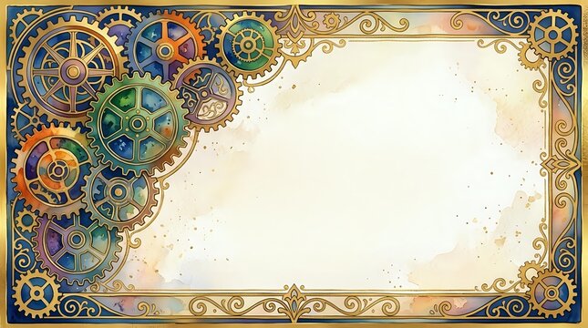 Steampunk gears and cogs frame ornate border with vintage gold filigree design, mechanical clockwork elements in copper and brass tones, ideal for backgrounds.