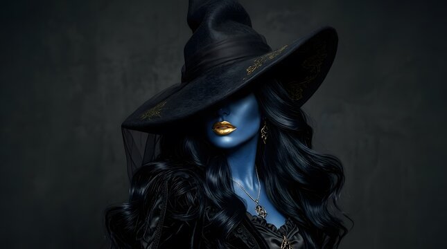 Silhouette of a witch wearing a pointed hat in the dark