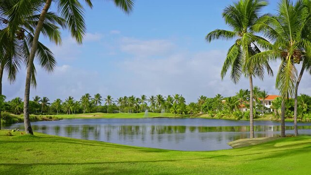 Golf course with lake in a golf and country club. A golf course with rich greens and beautiful tropical scenery. Luxurious green golf course with lake and palm trees in Punta Cana, Dominican Republic.
