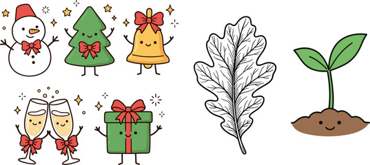 Fototapeta premium Cute Christmas holiday characters vector icon set with detailed leaf sketch and small green plant seedling
