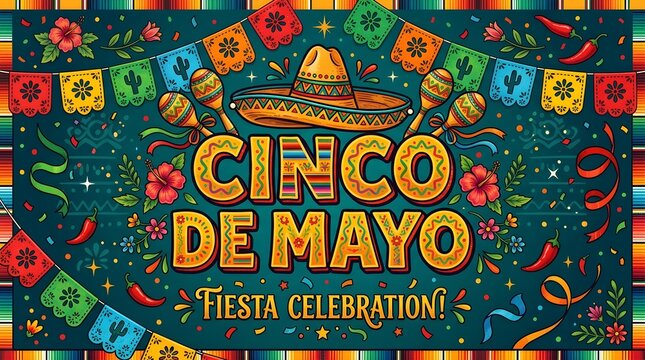 Cinco de mayo fiesta celebration poster with sombrero and colorful banners