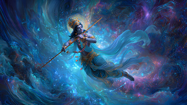 Celestial Divine Deity Playing Flute Amidst Ethereal Cosmic Nebula Clouds in Radiant Spiritual Universe Illustration