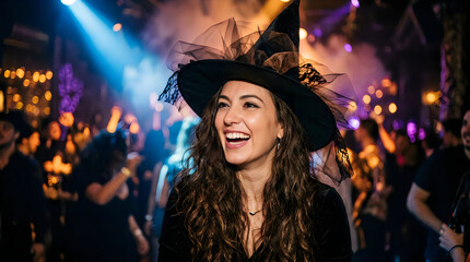 Fototapeta premium Beautiful young woman wearing a witch hat at a lively Halloween costume party celebration