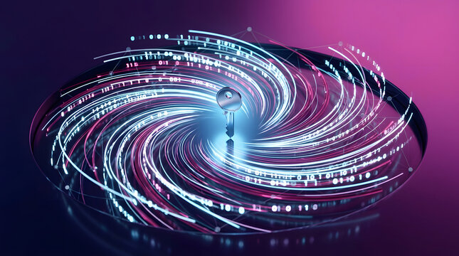 Cybersecurity, digital key and data protection with online safety, binary code and encryption. Internet security, privacy and computer safety with cloud storage, network server and firewalls.