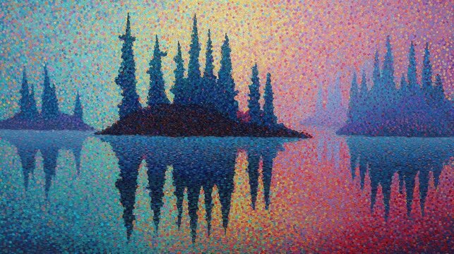 Serene Lakeside Dawn: Pointilist Autumn Island Reflection.