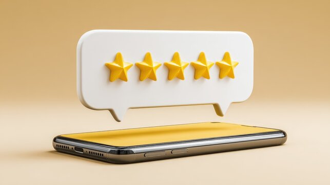 Smartphone with a five star rating, comment review in chat bubble. 5-star rating review, user feedback 3d illustration isolated on white background, White speech bubble with a.
