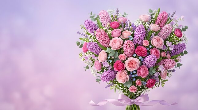 Heart shaped bouquet of roses and hydrangeas in pink and purple tones