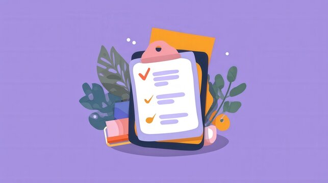 Successful task completion checkmark on clipboard office environment digital graphic minimalist viewpoint productivity concept.