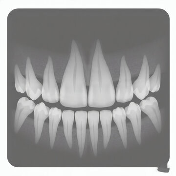 Dental X Ray Scan Showing A Full Set Of Sharp Pointed Upper And Lower Teeth Aligned Together