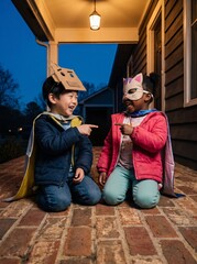 Obraz premium Two children comparing costumes on a porch at dusk