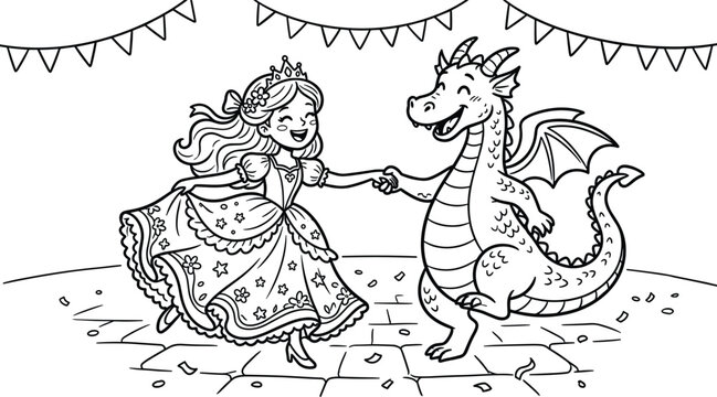 Beautiful princess dancing with a cute friendly dragon at a palace party celebration coloring book page black outline vector