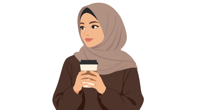 A flat icon showing a woman in a hijab holding a coffee cup, illustrating a modern lifestyle portrait in a clean, minimalist flat vector art style