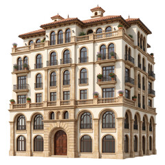 Fototapeta premium Mediterranean Style Apartment Building With Balconies And Arched Windows Isolated On Transparent Png