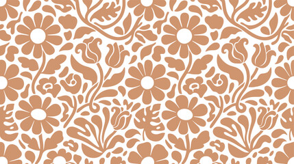 Fototapeta premium Folk art botanical floral pattern. terracotta flowers, daisies, blooming tulips, leaves. for rustic textile print, boho scandinavian wallpaper, vintage packaging. seamless vector background.