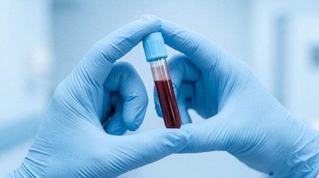 Two hands wearing blue medical gloves holding a glass test tube filled with dark red ad social media download thambnail poster web template event festival 2026 2027 2028