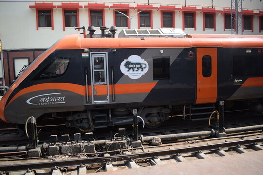 Varanasi, India, March 24 2025 - Vande Bharat Express train going to Delhi from Varanasi from Varanasi railway station, Vande Bharat fastest Train of India