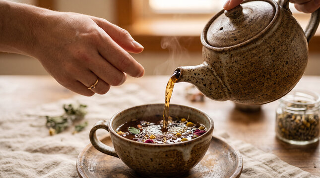 A person pouring hot herbal tea from a rustic, speckled ceramic teapot into a matching ad social media download thambnail poster web template event festival 2026 2027 2028