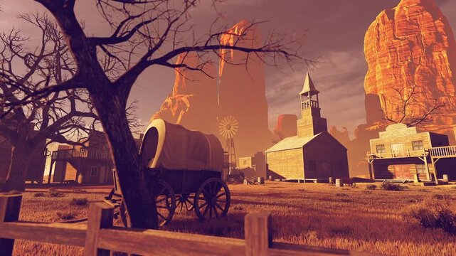  Panorama of a gold prospecting village during the Wild West. Animation On The Theme Of History And Territories, People And Lifestyle.	
