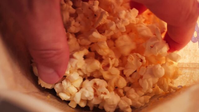 Close-up of freshly popped popcorn inside a paper bag. Popular movie snack, crunchy food texture, cinema and entertainment concept. High quality 4k footage