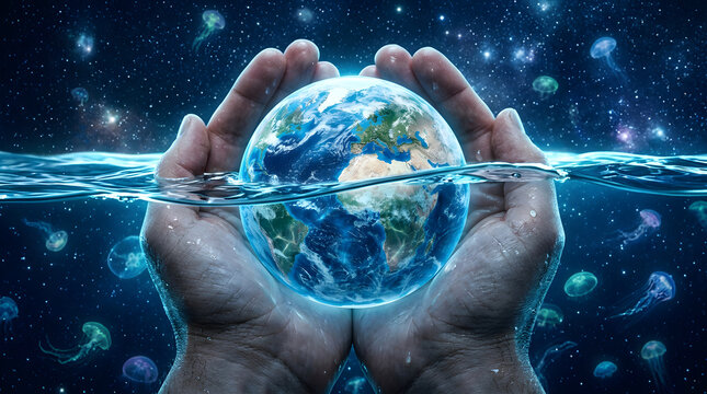 Earth in hands, ocean protection and environmental conservation for climate change awareness, sustainability and global warming. Human palms, world map and water with jellyfish in sea for hope and li