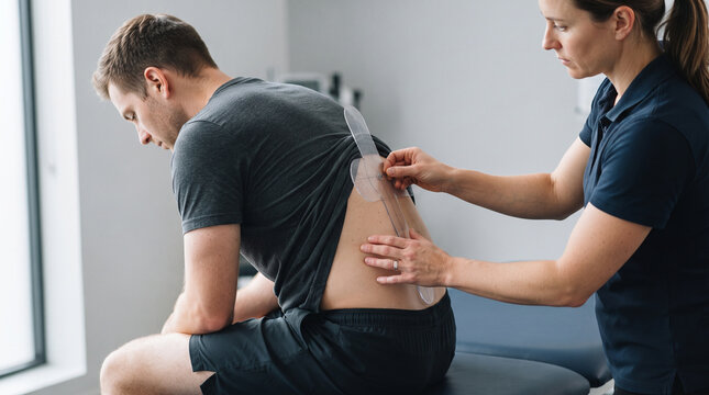 A physical therapist applying a clear adhesive tape to the back of a male patient who is ad social media download thambnail poster web template event festival 2026 2027 2028