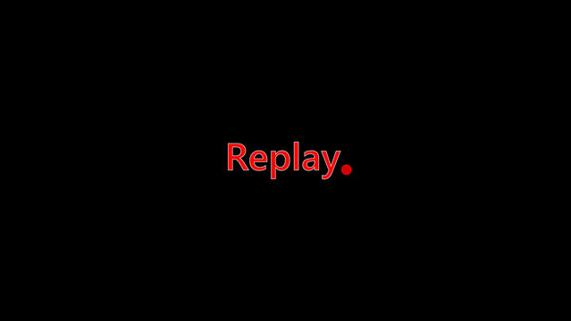 Replay button prompt boxes display clean white media looping commands on black. Interactive video player console interfaces integrate this essential media replay button icon.